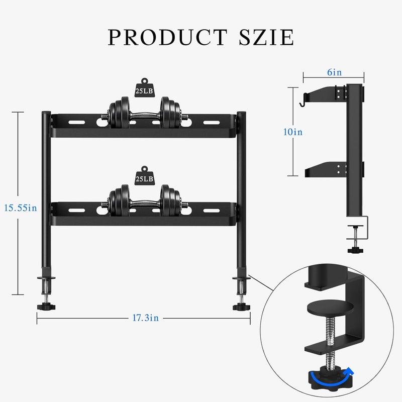 DEARPER Clamp on Desk Shelf, 2-Tier Office Desk Shelves Organizer, 17in Small Shelf for Top of Desk with Headphone Holder and Hooks, Desktop Storage Rack for Home Workspace, Study Rooms, Gaming Accessories - Image 3